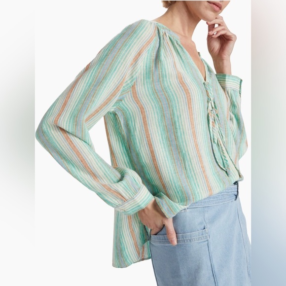 Rails Brielle Linen Top Green and White Tie Front Long Sleeve Blouse XXL NWT - Picture 2 of 12